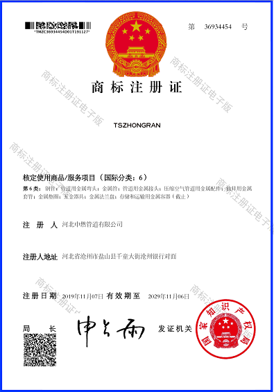 “TSZHONGRAN”Trademark registration certificate